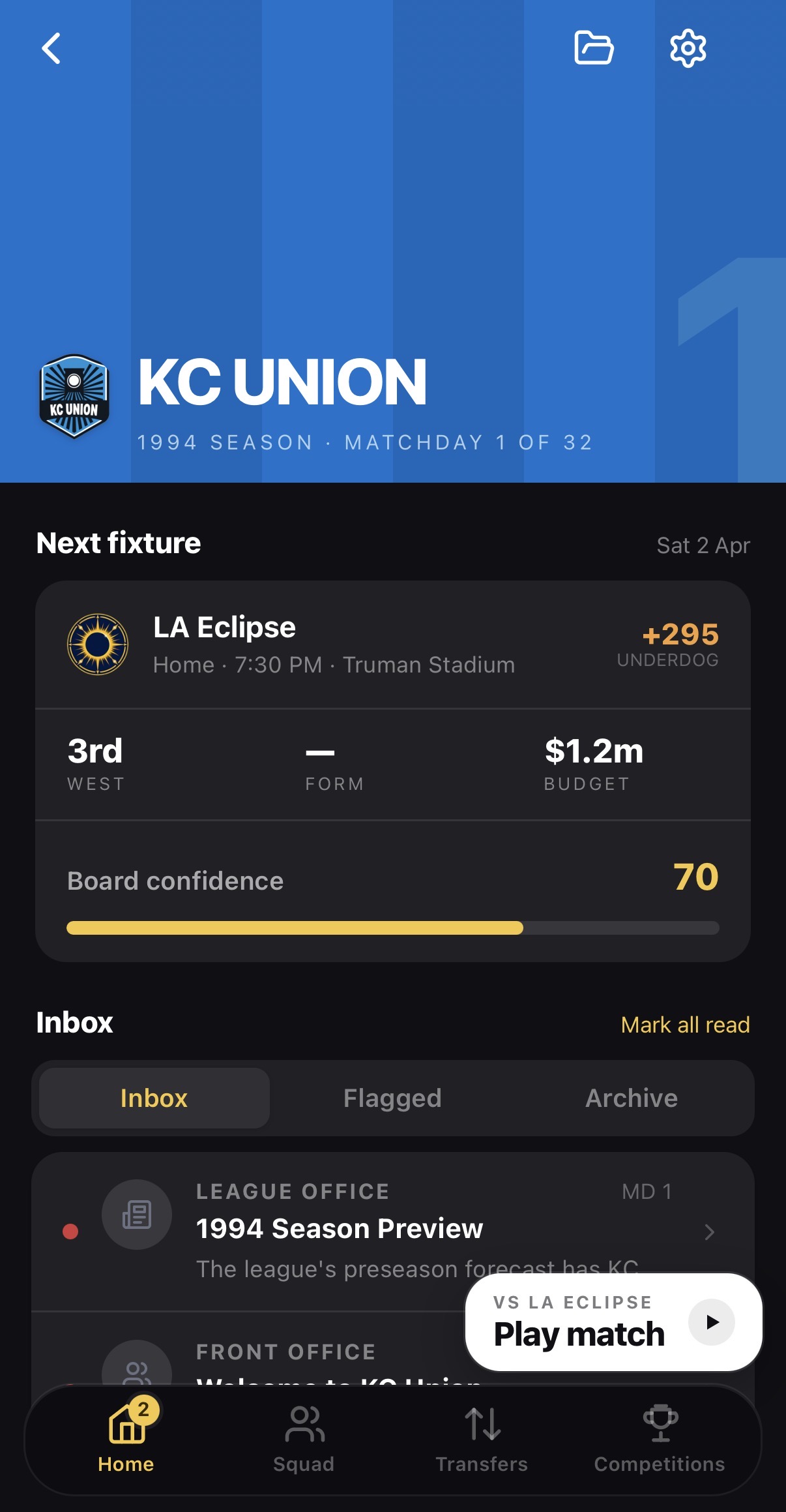 Front Office FC iOS screenshot showing the KC Union home screen, next fixture, board confidence, and inbox.